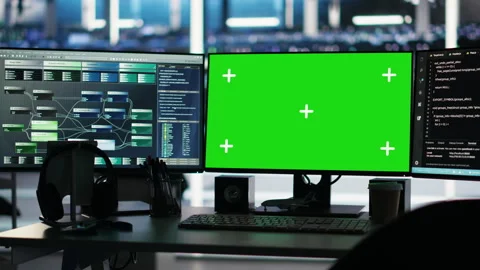 Visual programming systems on green screen PC in data center Stock Footage 307021991