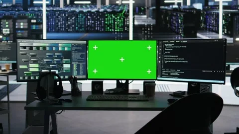 Visual programming systems on green screen PC in data center Stock Footage 309122279