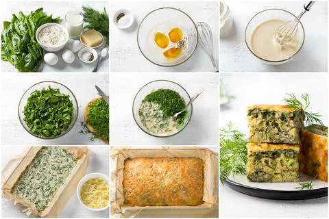 Visual recipe for a quick savory pie with spinach, dill, eggs, and cheese Stock Photos