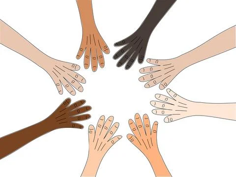 Visual representation of diverse hands coming together in a circle Stock Illustration