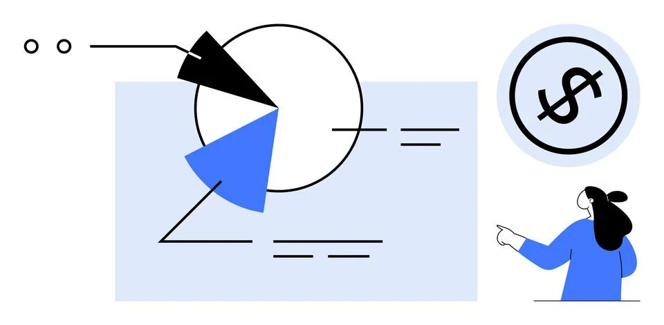 Visual Representation of Financial Data with Pie Chart and Businesswoman Pr.. Illustrazione stock
