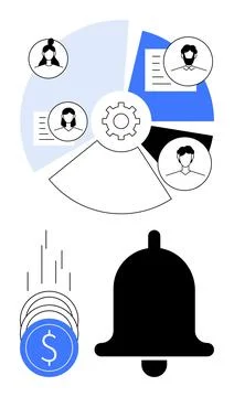 Visual representation of team management, gear settings, notifications, and Stock Illustration