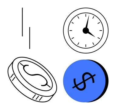 Visual Representation of Time and Money Balance with Clock, Coin, and Dolla.. Stock Illustration