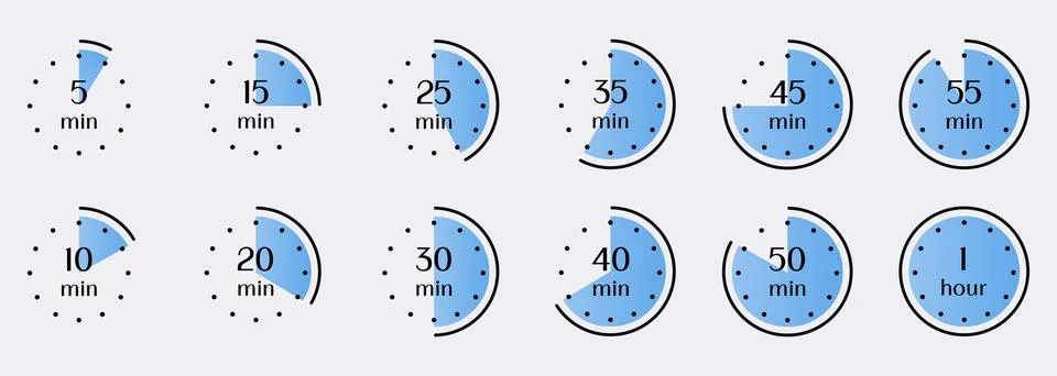 Visual representation of time intervals from 5 minutes to 1 hour. Timer, clock Stock Illustration