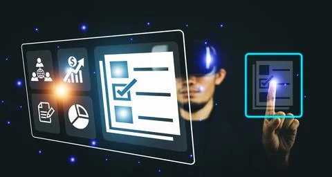 Visual screen VR technology for document management concept,  Businessman u.. Stock Photos