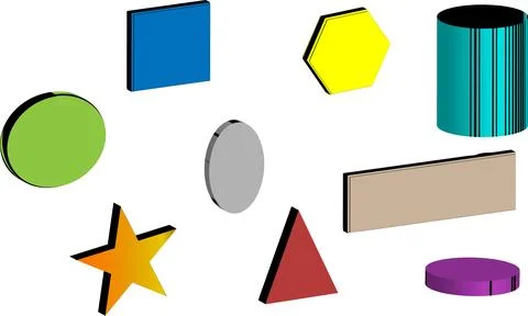 Visual set of basic 3D geometric forms including cube, cone, cylinder, sphe.. Stock Illustration