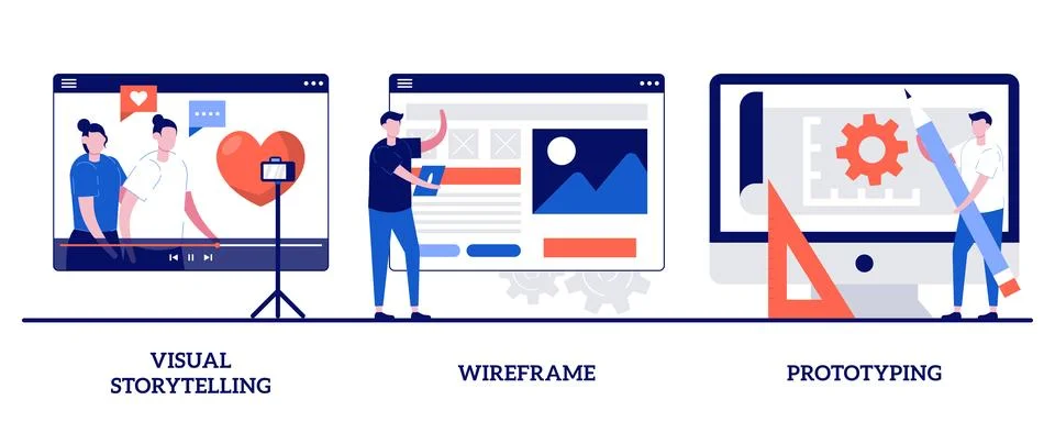 Visual storytelling, wireframe and prototyping concept with tiny people. We.. Stock Illustration