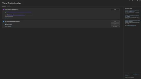Visual Studio 2026 installer shows a progress bar and package dashboard Stock Footage 336505312