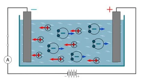 Visual vector illustration demonstrates the concept of electrolysis in a liquid Stock Illustration