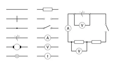 Visual vector illustration shows the symbols used in electrical circuits Illustrazione stock