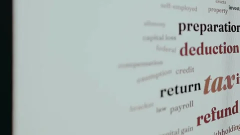 Visual word cloud of federal income tax terminology in the United States Stock Footage 333444777