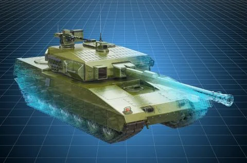 Visualization 3d cad model of battle tank, military engineering concept. 3D r Illustrazione stock