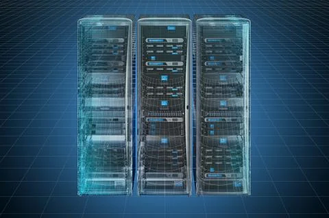 Visualization 3d cad model of Computer Server Racks, blueprint. 3D rendering 스톡 일러스트