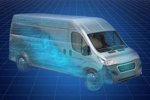 Visualization 3d cad model of delivery van, blueprint. 3D rendering Stock-Illustration