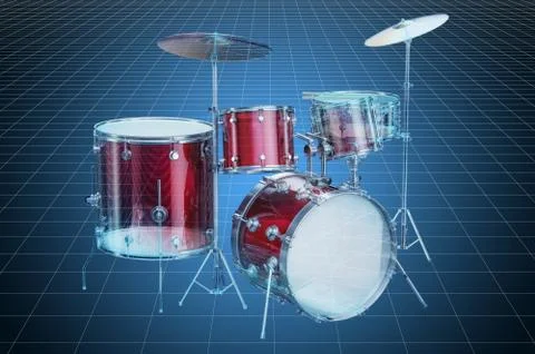 Visualization 3d cad model of drum kit, blueprint. 3D rendering Stock Illustration
