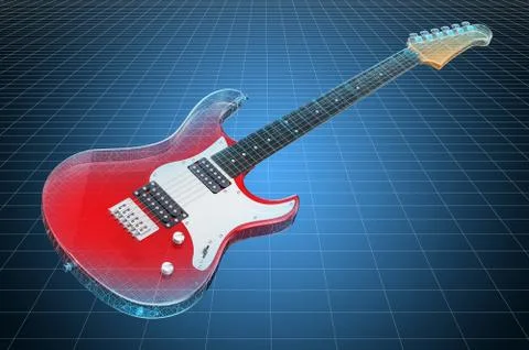 Visualization 3d cad model of electric guitar, blueprint. 3D rendering Ilustração Stock