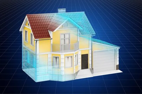 Visualization 3d cad model of house, blueprint. 3D rendering Ilustración de archivo