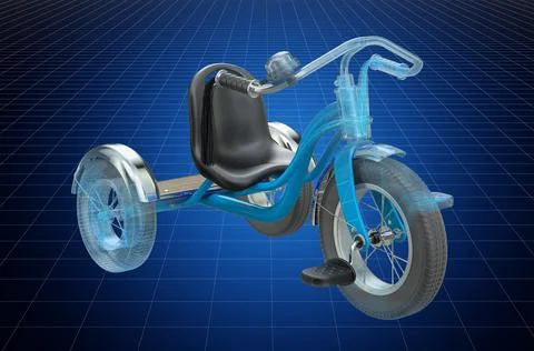 Visualization 3d cad model of kids bicycle tricycle, blueprint. 3D rendering Illustrazione stock