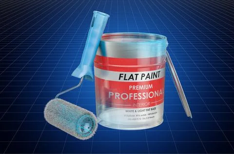 Visualization 3d cad model of paint can and roller brush, blueprint. 3D rende Ilustración de archivo