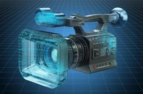 Visualization 3d cad model of professional video camera, blueprint. 3D render Stock Illustration