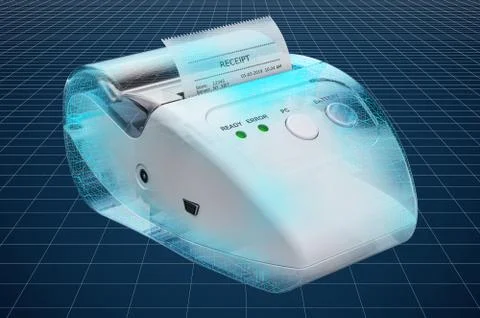 Visualization 3d cad model of receipt printer for POS. 3D rendering Illustrazione stock