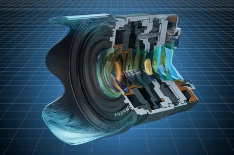 Visualization 3d cad model of sectional of camera lens, fixed focal length le Stock Illustration