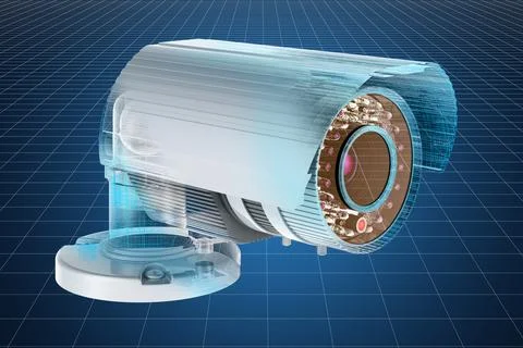 Visualization 3d cad model of security camera, 3D rendering Stock Illustration