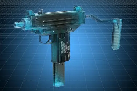 Visualization 3d cad model of submachine gun, military engineering concept. 3 Stock Illustration