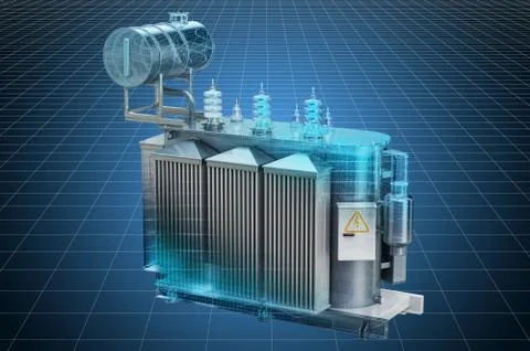 Visualization 3d cad model of transformer oil, high voltage power transformer Ilustración de archivo