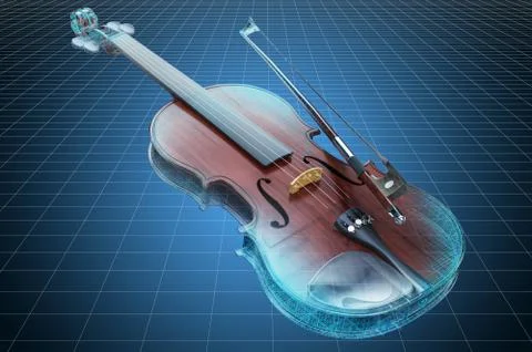 Visualization 3d cad model of violin, blueprint. 3D rendering Stock Illustration