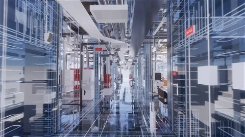 Visualization of BIM model office building with transparent walls (roof view) 库存影片 116787836