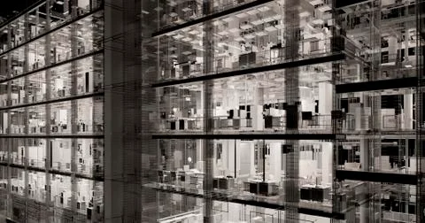 Visualization of a BIM model of an office building with transparent walls	 Stock Illustration