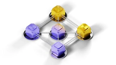 A visualization of a blockchain network consists of interconnected 3D cubes d Stock Photos