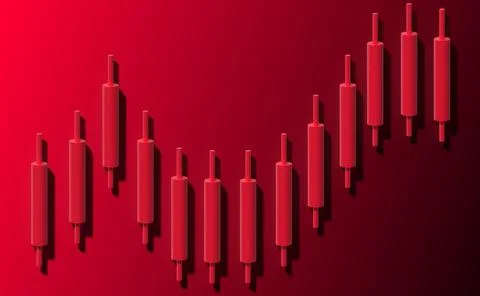 Visualization of charts in the form of red volumetric candlesticks on a red.. Illustrazione stock