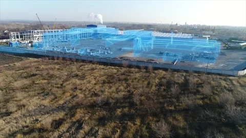 Visualization of the construction of a large industrial workshop. Construction Видео 310543448