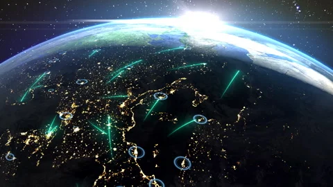 Visualization of digital data exchange. Connected signal lines show the Stock Footage 240994809