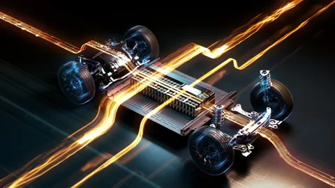 Visualization of energy flow in electric vehicle chassis Stockbeeldmateriaal 328521134