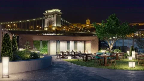 Visualization of an Exterior Pub &amp; Restaurant Area at the Budapest Chain Bridge 스톡 동영상 247302243