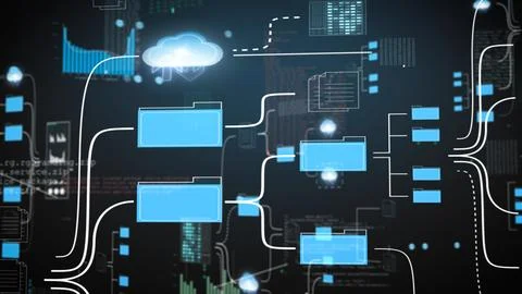 Visualization of file storage in a digital network, showing cloud storage and Stock Photos