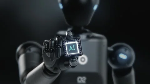 Visualization of High-Tech Humanoid Robot Holding Computer Microchip for Data Stock Footage 313684984