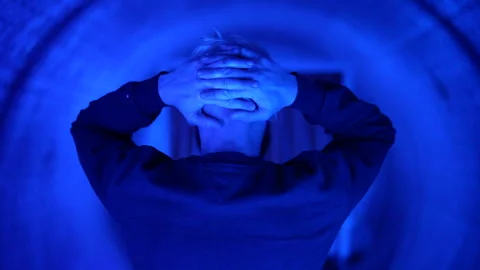 Visualization of how man with claustrophobia feels anxiety in a small room Stock Footage 263005666