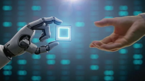 Visualization of Human Giving Computer Microchip for Data Processing to Humanoid Stock Footage 313684940