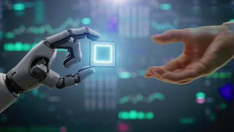 Visualization of Human Giving Computer Microchip for Data Processing to Humanoid Video stock 313684964