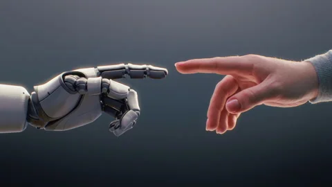 Visualization of Humanoid Robot and Human Touching Fingertips, Creating Stock-Footage 313685080