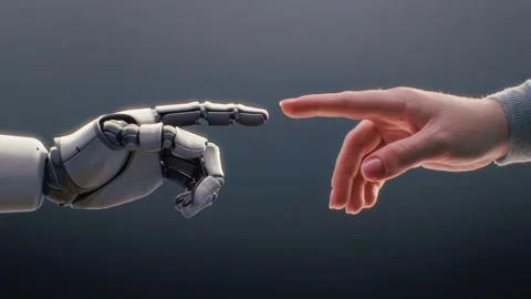Visualization of Humanoid Robot Arm and Human Touching Fingertips. Human-Machine Stock-Footage 313685060
