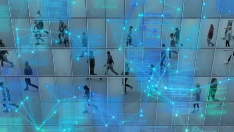 Visualization of information flows against the background of people moving in Stock Footage 246338980