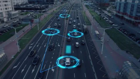 Visualization of the interaction of self-driving autonomous vehicles. Stock Photos