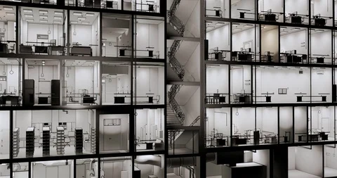 Visualization interior room space of building without a front facade wall Stock Footage 117436910