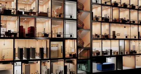 Visualization the interior room space of building without a front facade wall 库存影片 117436922