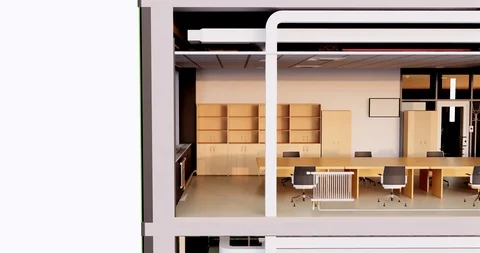 Visualization of interior space of office building without front facade wall 库存影片 117067023